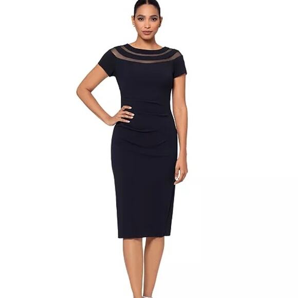 X BY XSCAPE ILLUSION BOAT NECK SHORT SLEEVE DRESS IN BLACK NWT WOMEN'S SIZE 8P - Picture 1 of 15